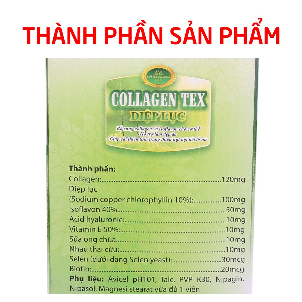 Viên uống Collagen Diệp Lục làm đẹp da, chống lão hóa, ngừa nếp nhăn - 60 viên [Collagen Tex Diệp Lục Chai]