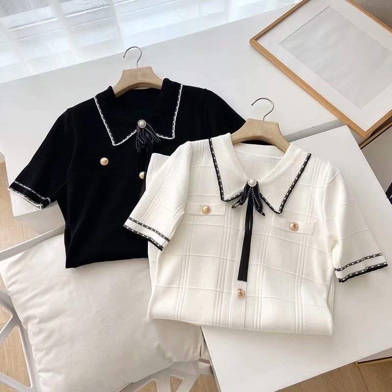 Váy thun gân nơ cổ