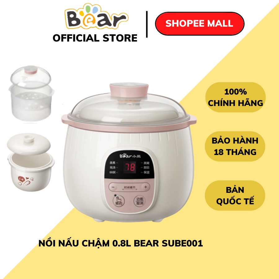 Nồi nấu chậm 0,8L Bear đa năng nấu cháo, hầm, ninh lõi bằng gốm cao cấp giữ nhiệt lâu Gia dụng Bear Tuli Mart