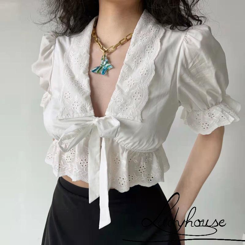 Áo Croptop Cổ Chữ V Tay Phồng Màu Trơn Thời Trang Mùa Hè Dành Cho Nữ