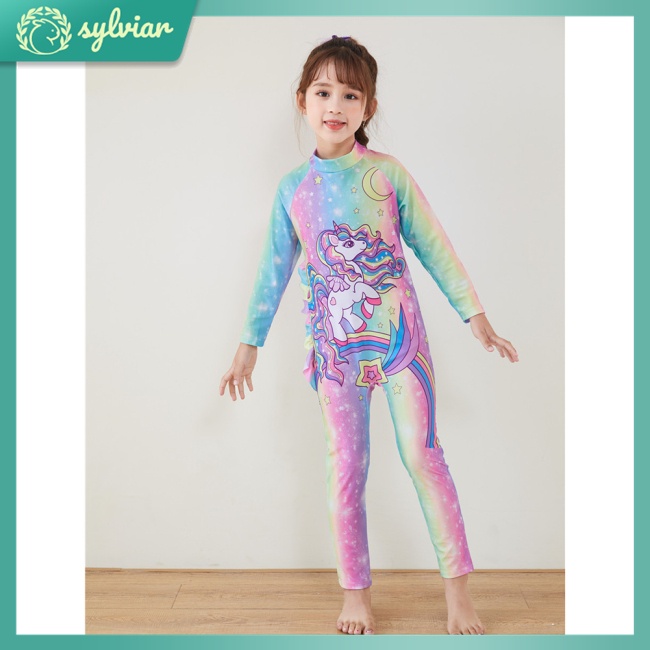 Bộ Đồ Bơi 2 Mảnh Tay Dài Chống Nắng In Họa Tiết Hoạt Hình Cho Bé Gái