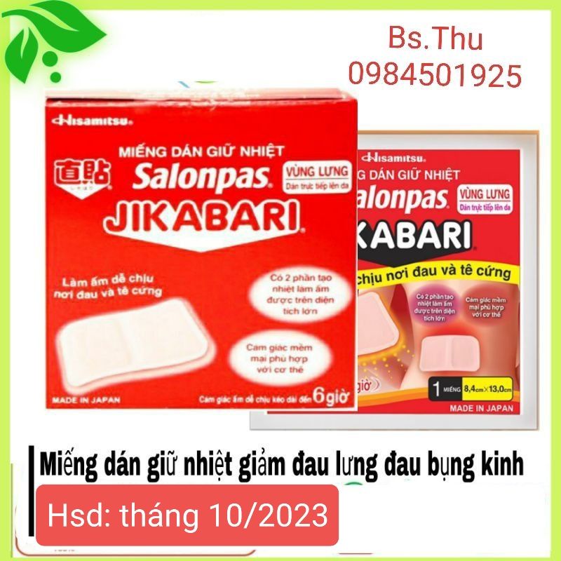 Miếng dán giữ nhiệt Salonpas Jikabari lẻ 1 miếng hỗ trợ trong đau bụng kinh, giữ ấm cơ thể khi lạnh