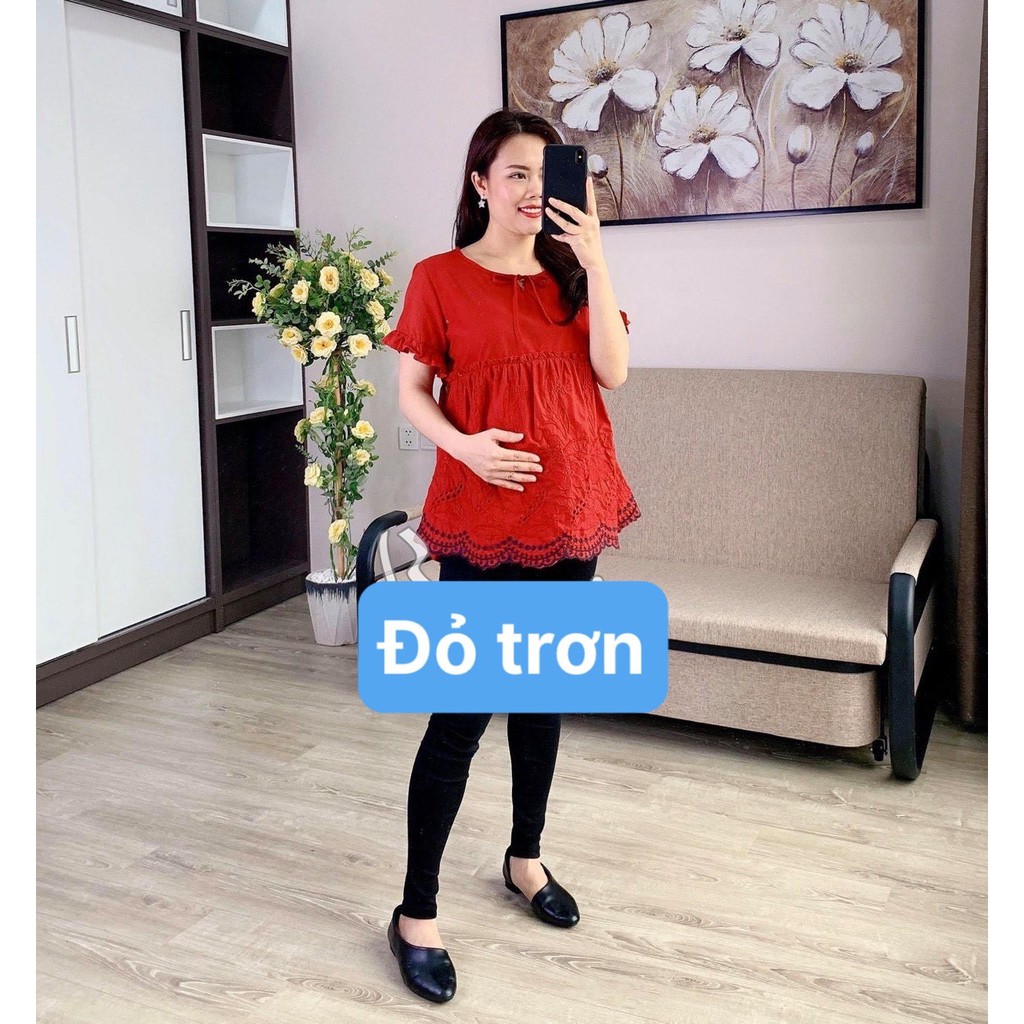 Áo bầu họa tiết thêu hoa nhỏ chất liệu mát mẻ siêu xinh