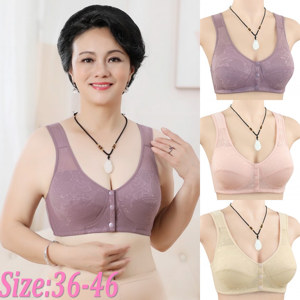 Áo Ngực Cotton Không Gọng Cài Khóa Trước Size Lớn Phối Ren Thời Trang Cho Nữ Trung Niên