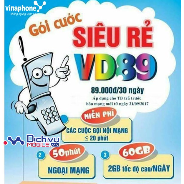 Sim 4G Vinaphone VD89 khuyến mãi 2Gb/ngày, 90k/tháng