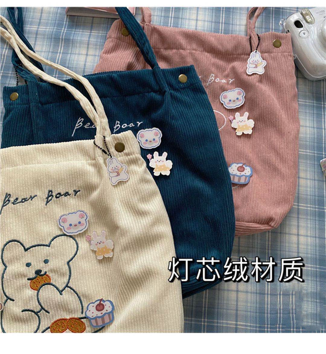 Bag handbag printed bear cute one-shoulder canvas bag Korean style college style female student shopping wild velvet female shopping