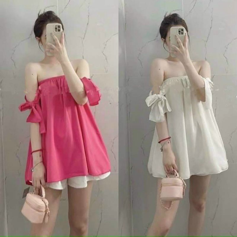 Áo from dài giấu quần rớt tay cột nơ