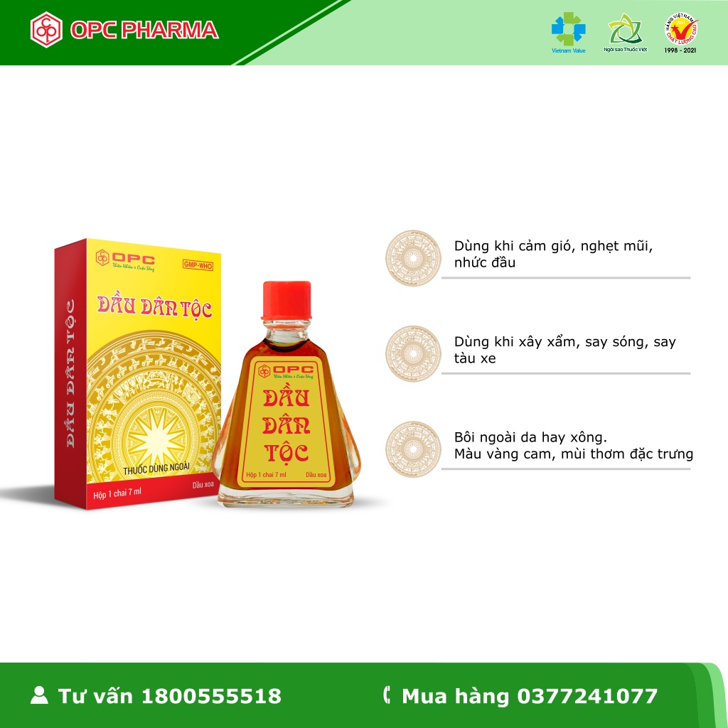 DẦU DÂN TỘC OPC  -Dùng khi bị cảm gió, nghẹt mũi, nhức đầu, say sóng, say tàu xe, đau bụng - Hàng chính hãng OPC.