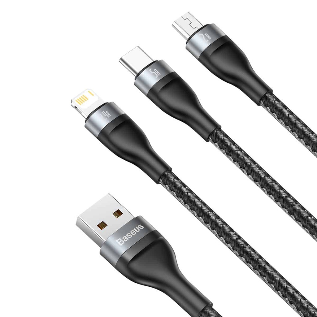 Cáp sạc nhanh 3 đầu Baseus Flash Series 3in1, dây sạc nhanh và truyền số liệu 3 đầu M+L+C đa năng tiện dụng