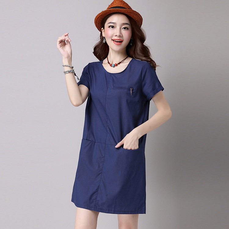 Đầm suông đũi cổ tròn 2 túi trước SLINEN, chất đũi thô mềm mát, form suông giấu bụng (Xanh than) - D
