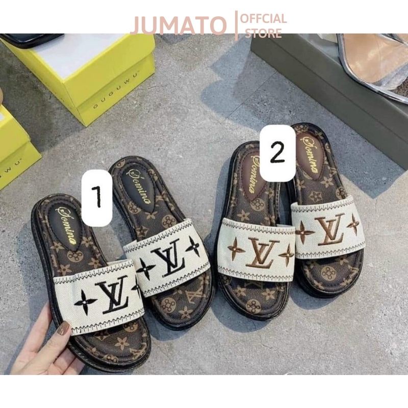Dép lê nữ quai ngang đế bánh mỳ 3cm quai da thêu LV bền đẹp JUMATO G2.015.DE.35