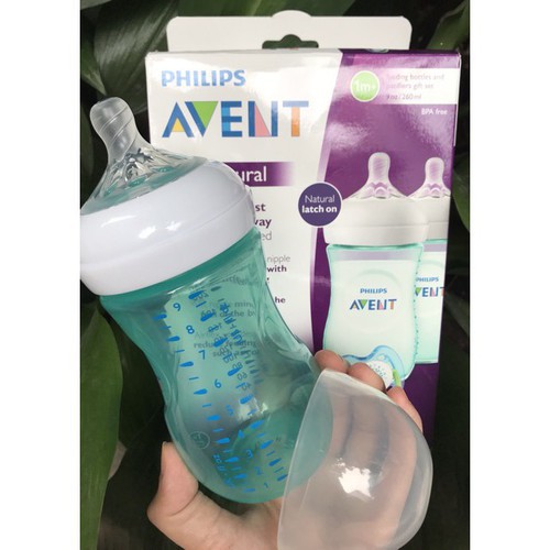 Bình ti Philips Avent Nature cổ rộng 260ml xanh.