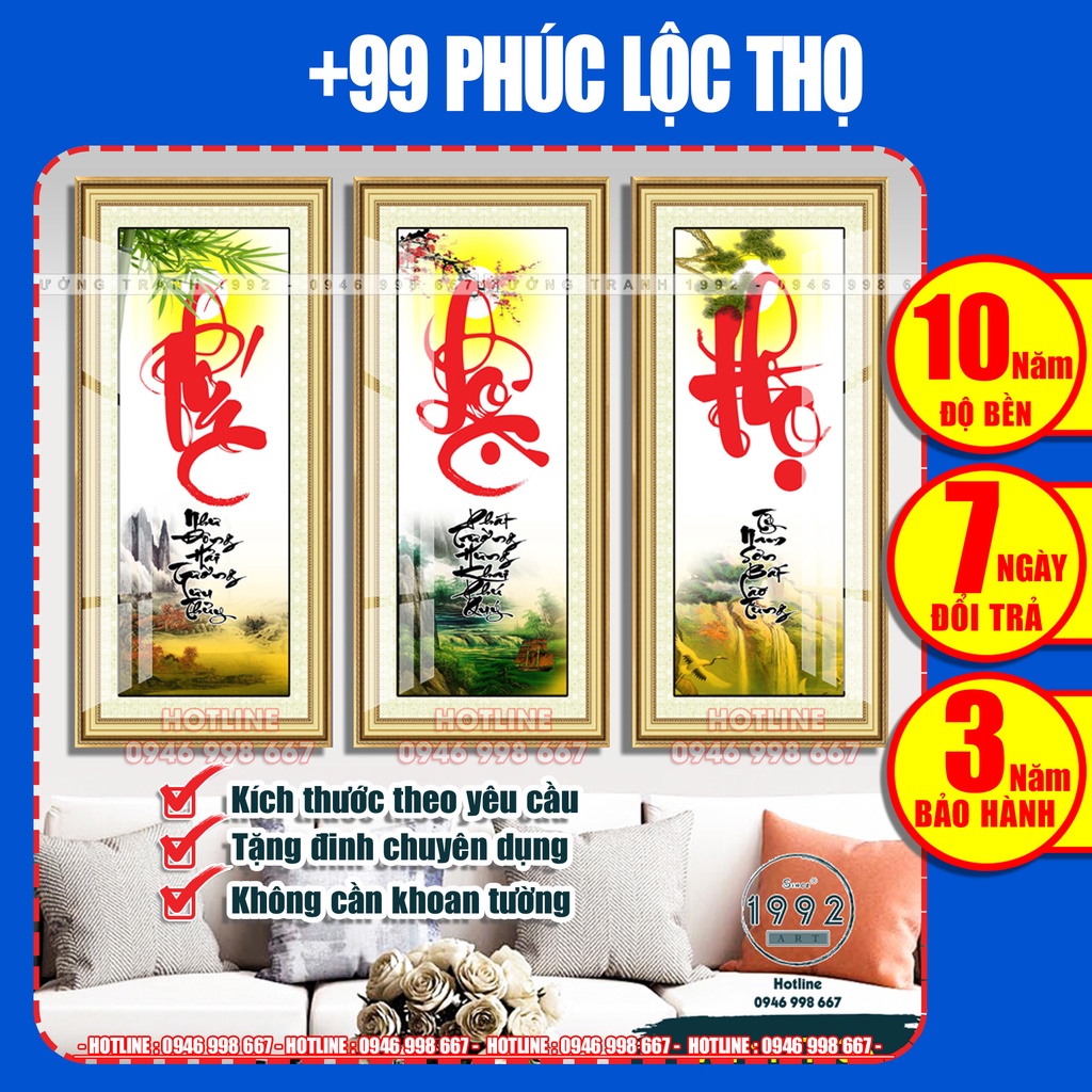 Tranh Treo Tường [Cao Cấp] Bộ tranh tráng gương PHÚC LỘC THỌ Phòng khách, Bàn thờ,Cầu thang [SKU-PLT233]-XưởngTranh1992