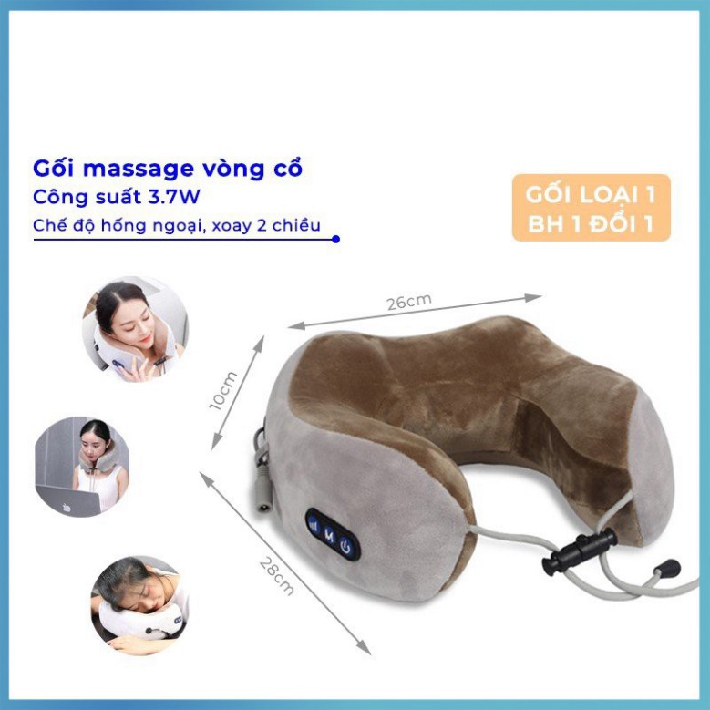 Gối massage cổ vai gáy U-shaped cao cấp - Gối massage hồng ngoại hô trợ mát xa vùng cổ, giảm đau nhức vai gáy 2000MAh