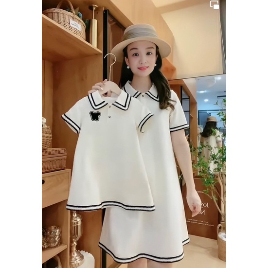 Set đầm đôi mẹ và bé gái polo form suông tone trắng cực xinh