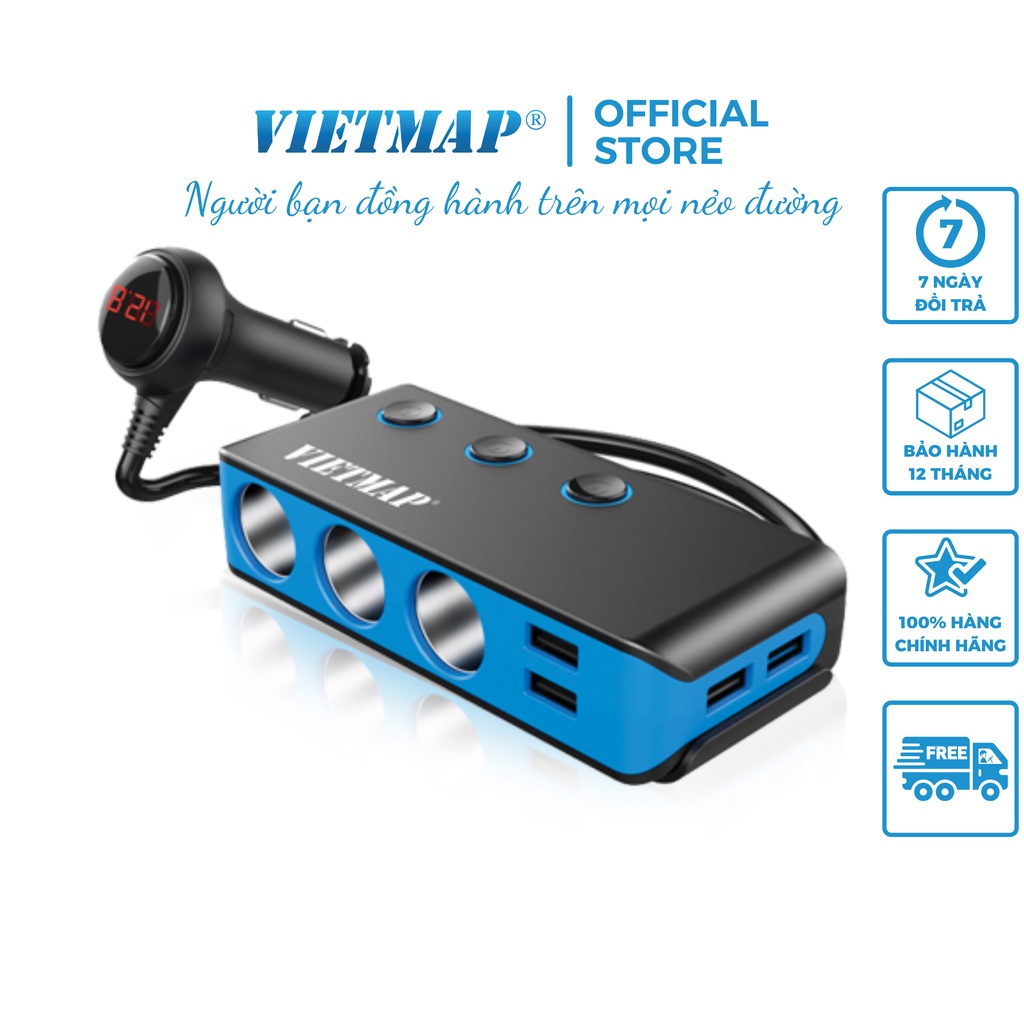 VietMap VM71 - Bộ Chia Nguồn Ô tô QC 3.0 Cao Cấp - 3 Cổng Nguồn - 4 Cổng USB - HÀNG CHÍNH HÃNG Bảo hành 12 tháng