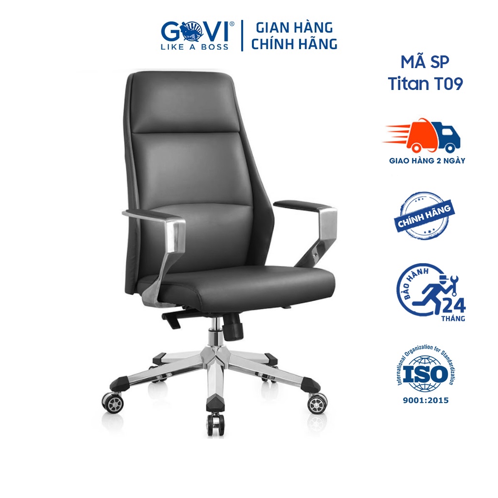 Ghế giám đốc GOVI Titan T09 Da Microfiber sang trọng - Ngả lưng đồng bộ, Lưng ghế cao, Tay vịn bằng thép mạ Crom bọc da