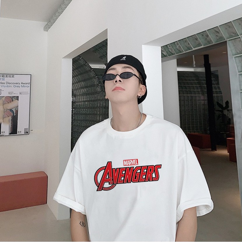 Áo thun tay lỡ form rộng nam nữ biểu tượng #AVENGERS dáng unisex xuông, áo phông rộng unisex trắng basic ovsersize