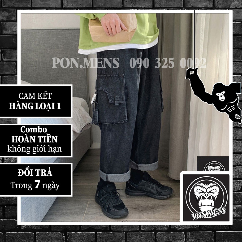 Quần jean túi hộp unisex nam nữ ống rộng màu đen cao cấp 2021 Pon.mens