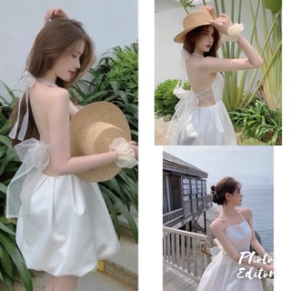 Đầm Tiểu Thư Lụa Cột Nơ Hở Lưng Xòe Cao Cấp Đi Tiệc, Du Lịch (Có Mút Ngực)