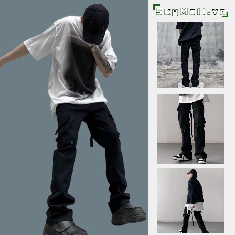 Quần ống rộng Lưng Cao Phong Cách Hàn Quốc quần túi hộp nam simple quần yếm nam