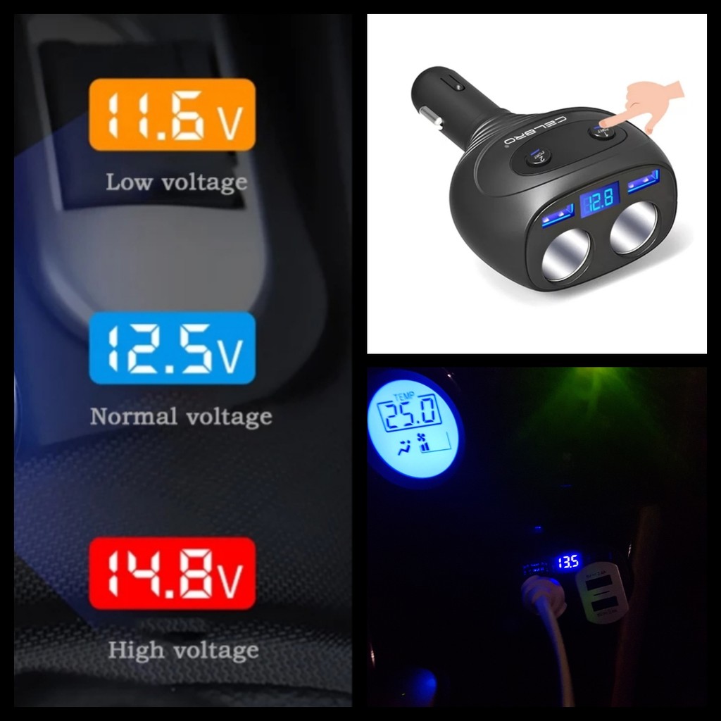 Tẩu xạc xe Ôtô 80W dải rộng 12-24V có 2 cắm Tẩu + 2 cắm USB có đèn báo Vôn