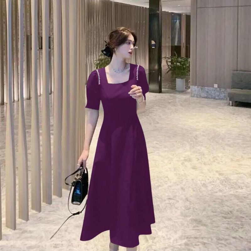 Đầm chữ A RENJIANVSHENG 153011 tay ngắn kiểu Hepburn dài qua gối cổ vuông cỡ lớn thiết kế thanh lịch thời trang cho nữ