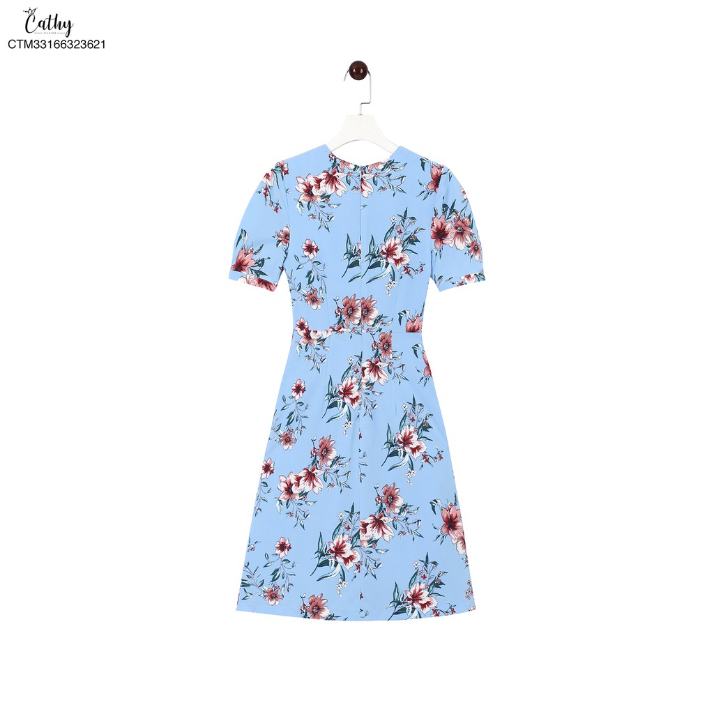 Đầm hoạ tiết Cathy Clans cổ xếp kiểu hoa lớn - xanh | BigBuy360 - bigbuy360.vn