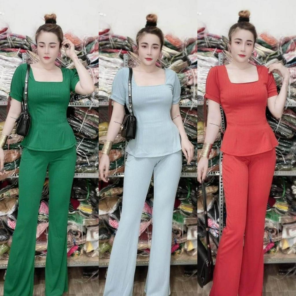 Đồ bộ nữ, set đồ bộ quần ống loe đai bản cạp cao có túi và áo ngắn tay lai bầu cổ vuông thun cotton gân, bộ đồ mặc nhà