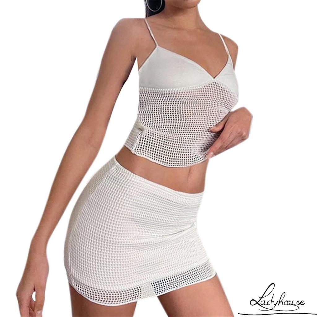 Bộ Áo Crop Top Cổ Chữ V + Chân Váy Lưng Cao Phối Lưới Thời Trang Đường Phố Cho Nữ