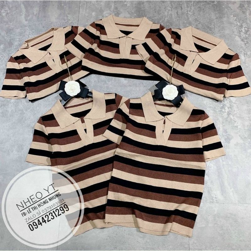 Áo len kẻ ngang cổ bẻ hàng QC