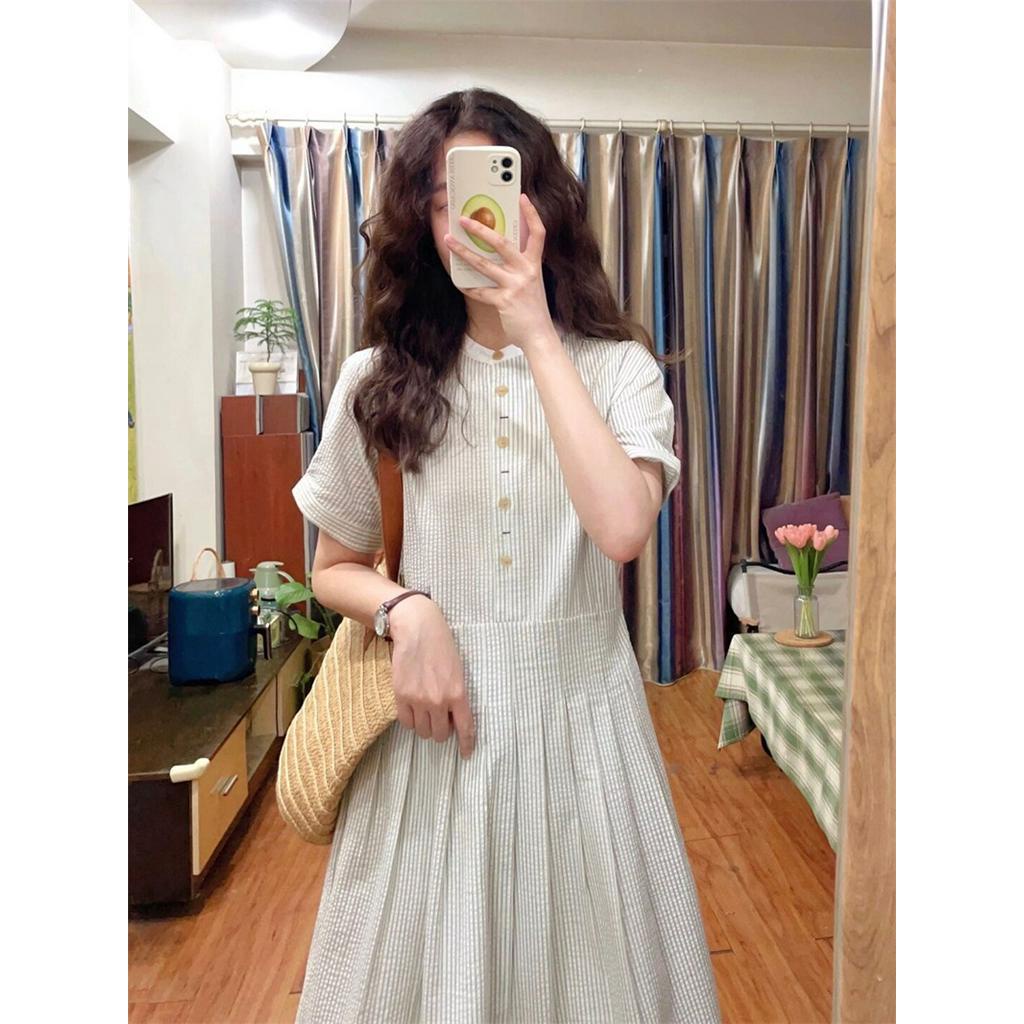 Đầm Midi Tay Ngắn Phồng Họa Tiết Kẻ Sọc Phong Cách Pháp Thời Trang Mùa Hè 66062