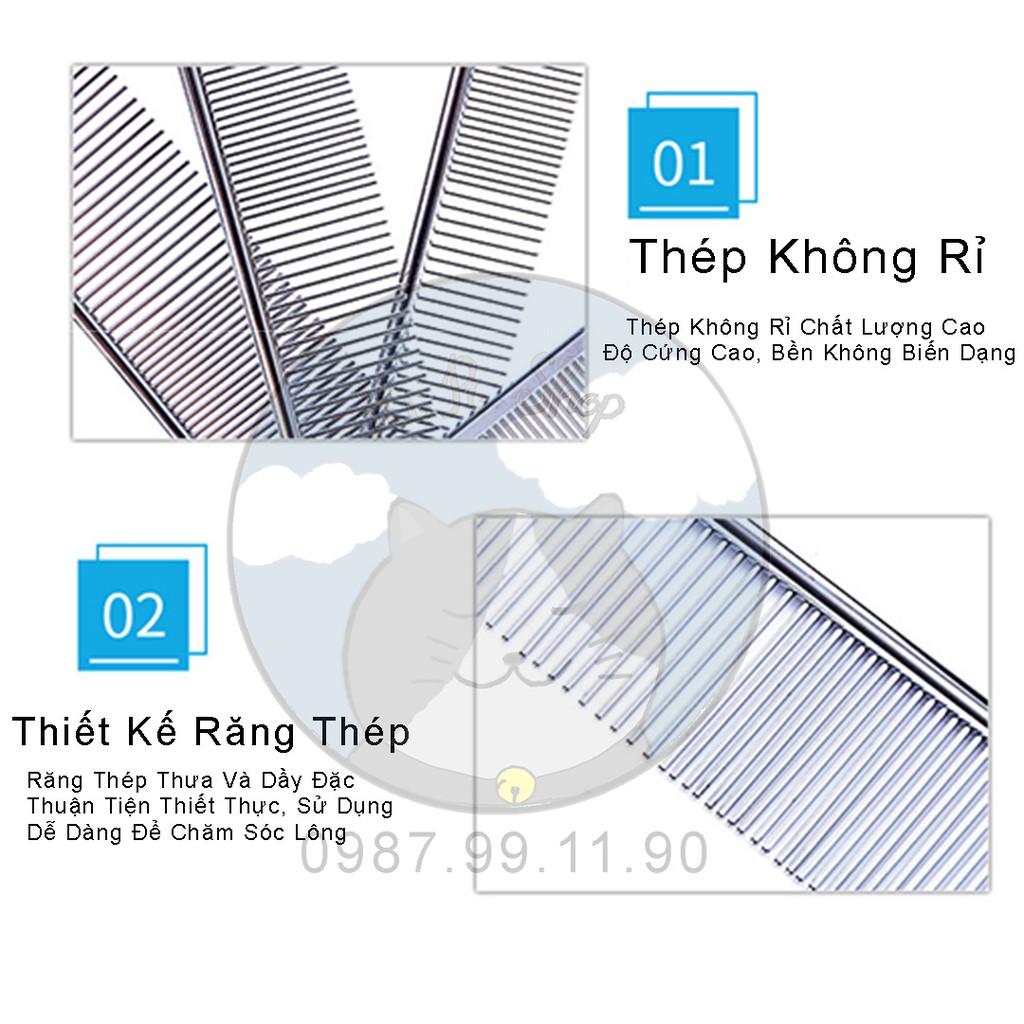 [Full Box]Lược Inox Chải Lông Gỡ Rối Dành Cho Chó Mèo, Chất Liệu Thép Không Rỉ Chiều Dài 19 Cm Lưỡi Dày Massage Thú Cưng