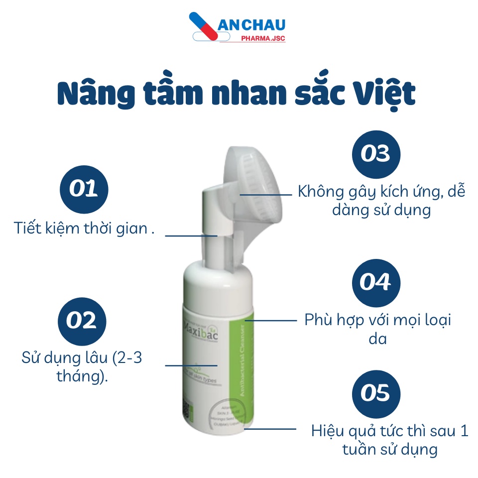 Sữa rửa mặt tạo bọt giúp dưỡng trắng da, dưỡng ẩm, ngừa mụn, tẩy tế bào chết, se khít lỗ chân lông MAXIBAC dịu nhẹ