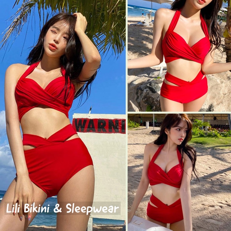 (Mẫu mới 2022) Đồ bơi hai mảnh, bikini Hàn Quốc màu đỏ sáng da, áo nâng gọng mút, quần cạp cao che bụng