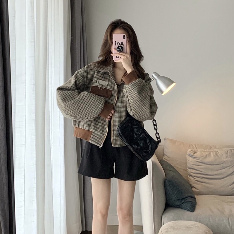 Áo khoác dạ bomber dài tay có cổ hoạ tiết kẻ caro nhỏ màu nâu hàng quảng châu loại 1 chất dày dặn