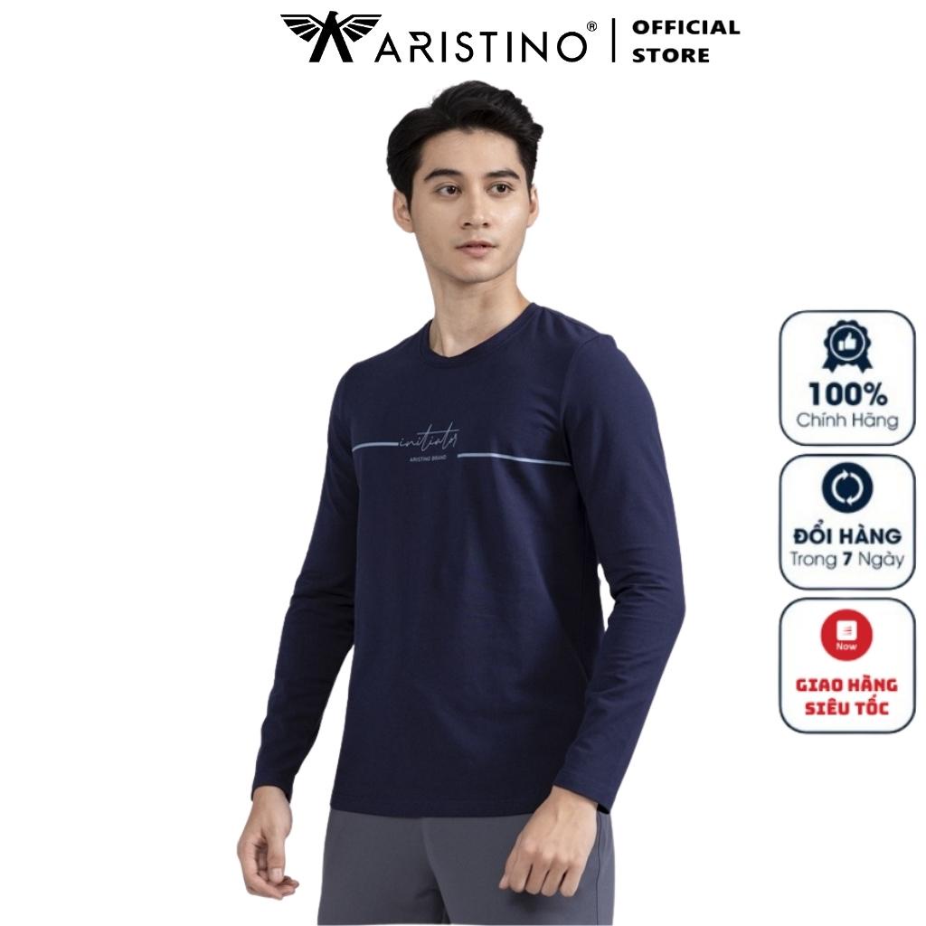Áo Thun Thu Đông Dài Tay Nam Aristino ALT001W2 Màu Xanh Tím Than In Chữ Chất Cotton Cao Cấp dáng Regular Fit Cổ Tròn