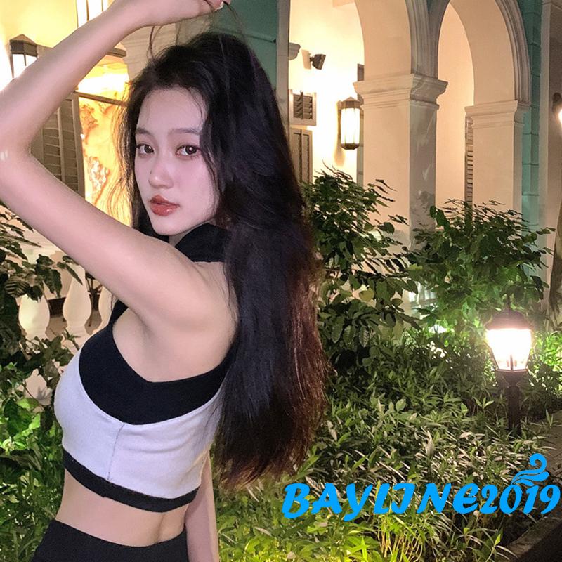 BAY-Ladies Midriff-baring Tank Top, Summer Women Black White Color Matching Cross Hanging Neck Off Shoulder Sleeveless