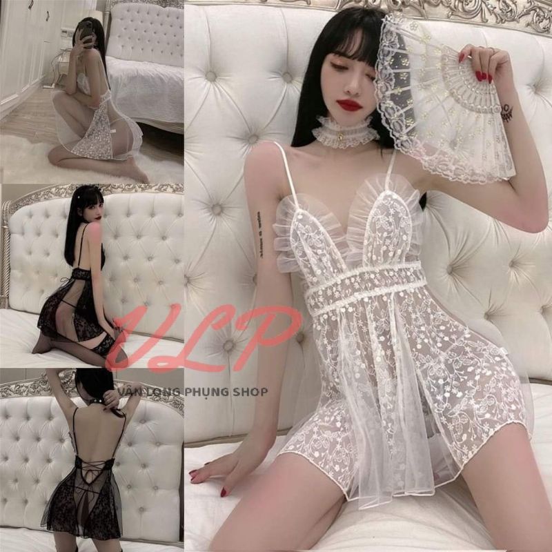 [BIGSIZE_80KG]_DN117_Váy ngủ ren bèo hoa dây sexy