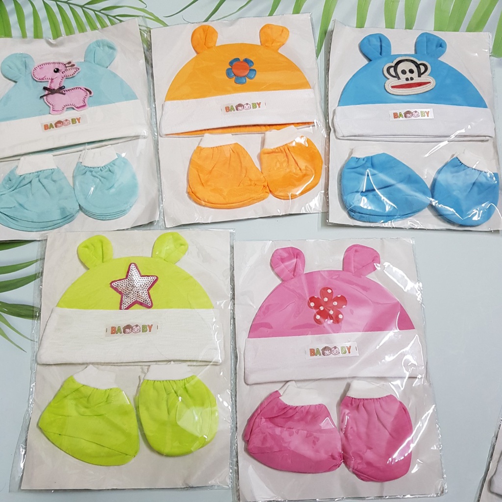 Set 5 món Mũ kềm bao tay bao chân cotton, họa tiết đáng yêu cho bé