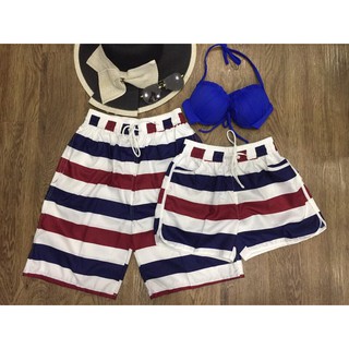 Cặp quần đôi đi biển sọc nhiều màu kèm áo bikini nữ hot nhất