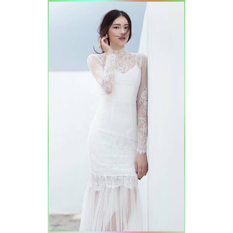 Đầm dự tiệc đuôi cá dài tay sang trọng màu tráng/ Ảnh thật | BigBuy360 - bigbuy360.vn