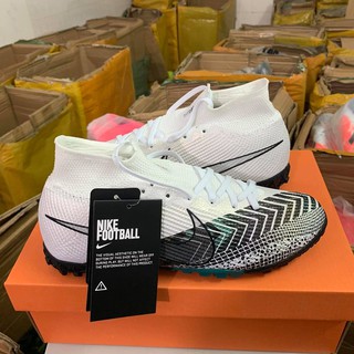 Giày Bóng Đá Mercurial Superfly 7 Elite Trắng Vạch đen Cổ Cao TF - Hình ảnh thật
