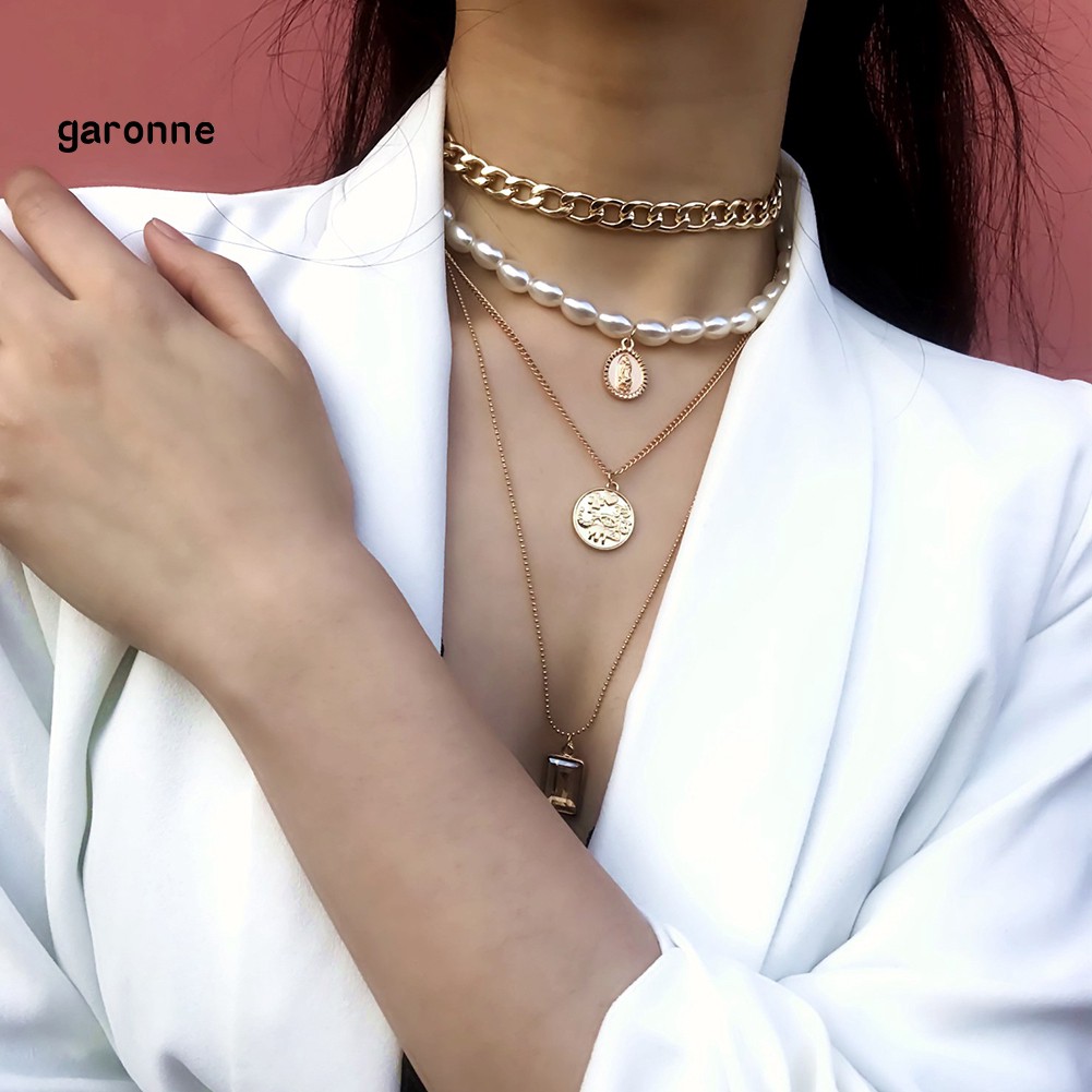 Dây chuyền nhiều lớp đính ngọc trai giả thời trang