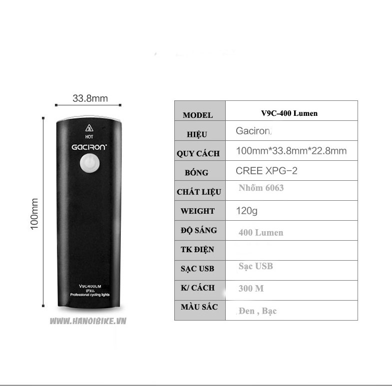 Đèn trước xe đạp sạc USB Gaciron VC9-400