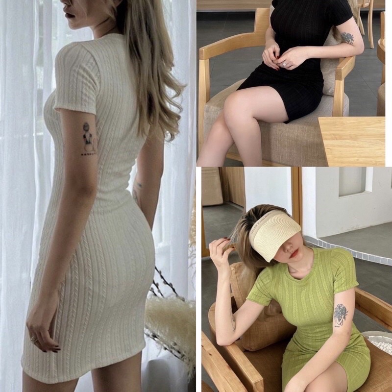 Đầm body cổ tròn chất len gân dày dặn, váy tay ngắn ôm body len QC D3131