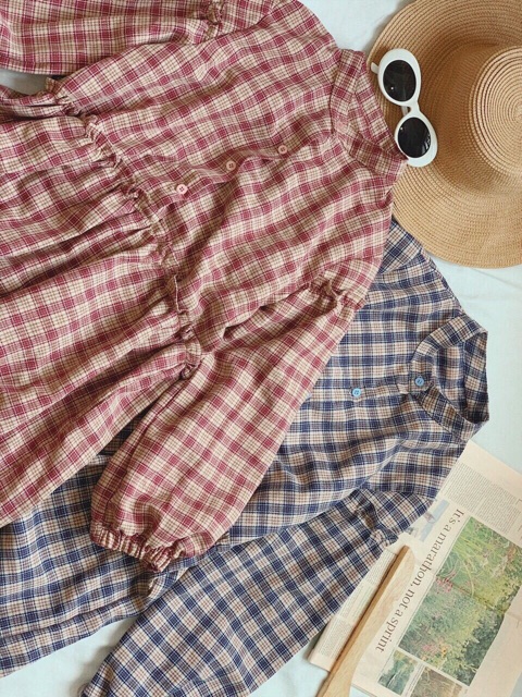 Đầm caro babydoll tay phồng dài 2 màu NHÀ LOVI