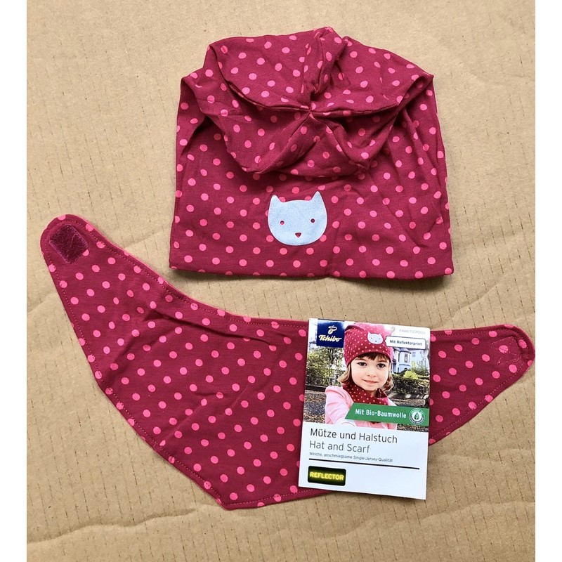 Set mũ và yếm 95% Orgarnic cotton kháng khuẩn xuất dư Đức cho bé 3-8 tuổi hình mèo phản quang