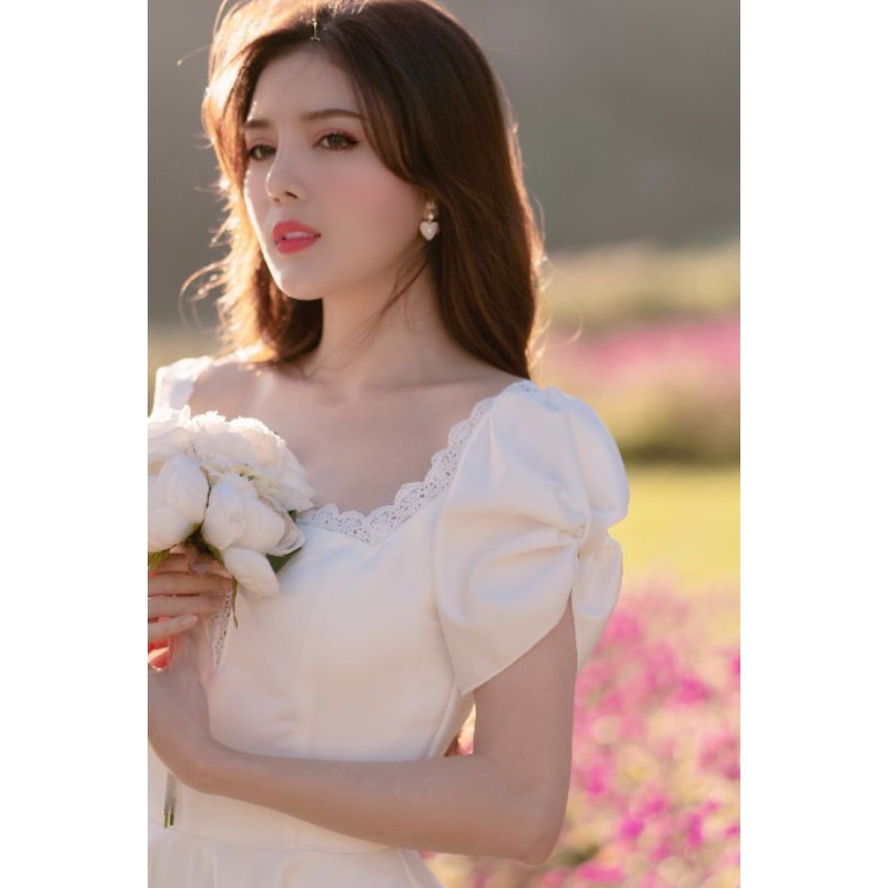 [💐Hàng sẵn] Đầm dạ hội cưới Hàn Quốc màu trắng tay con phom lửng chất Phi Hàn