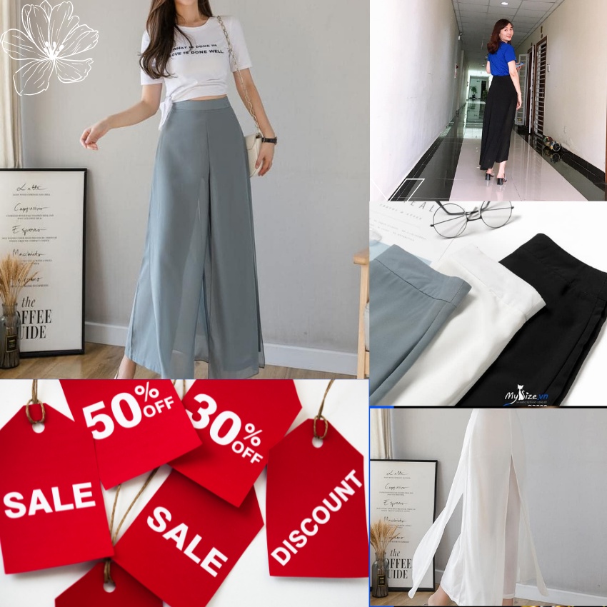 Quần giả váy, quần ống rộng lưng cao xẻ tà 2 bên phù hợp mặc ở nhà cũng như dạo phố , có 3 màu 5 size